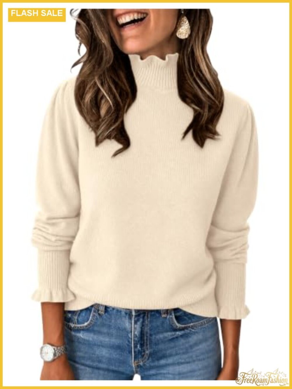 Ruffle Mock Neck Puff Sleeve Pullover Sweater